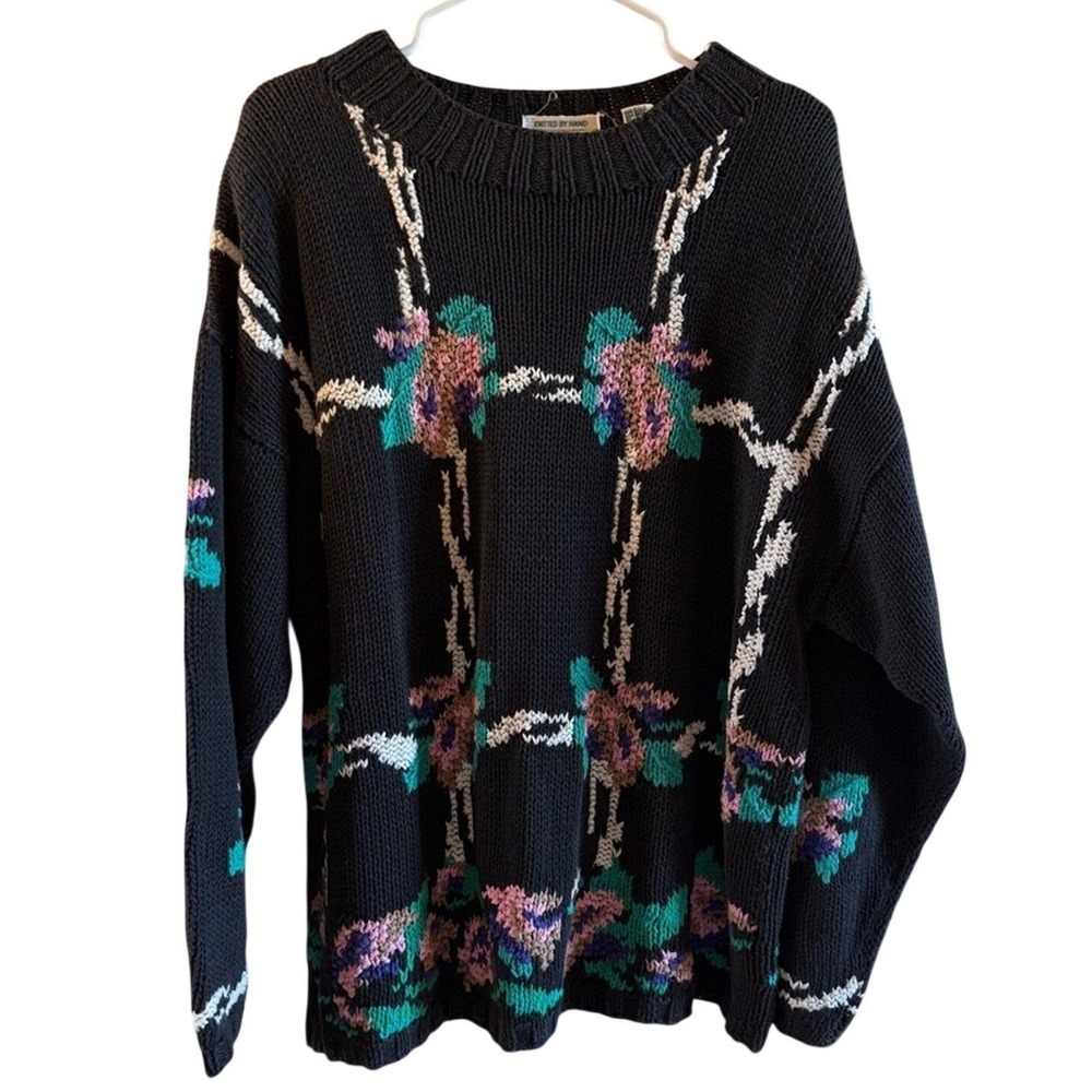 Vintage Sweater Sz L Hand Knit Floral Patterned Black Colleen's Collectibles
